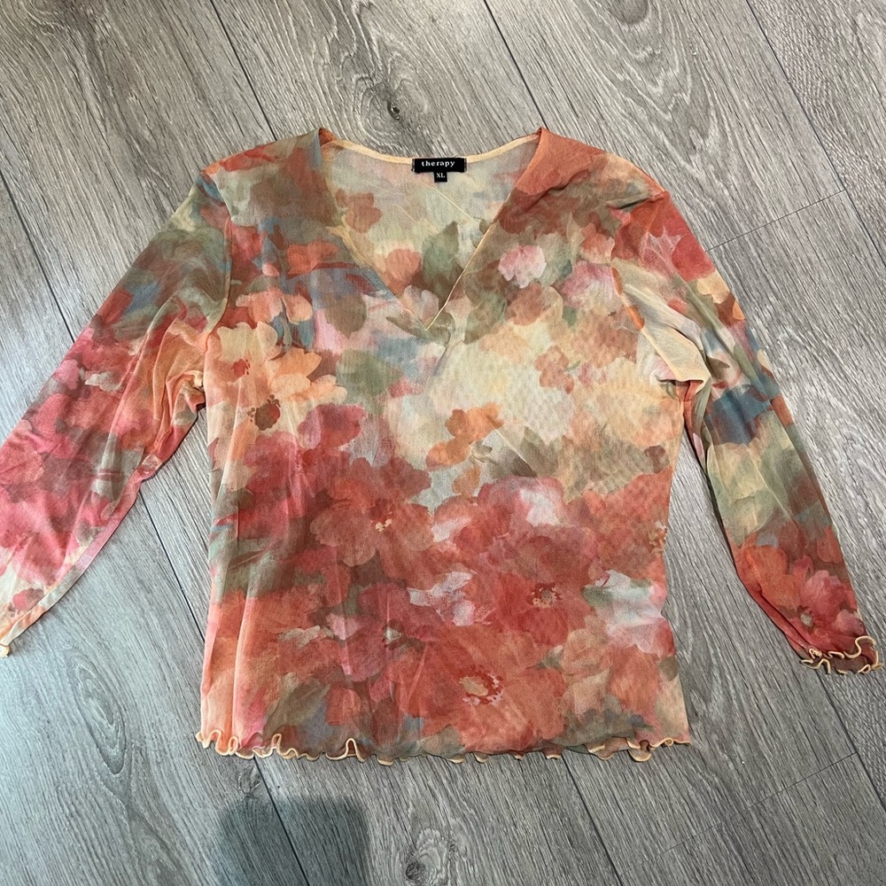 Therapy by Cheryl Taylor Watercolor Quarter Sleeve Top Y2K XL